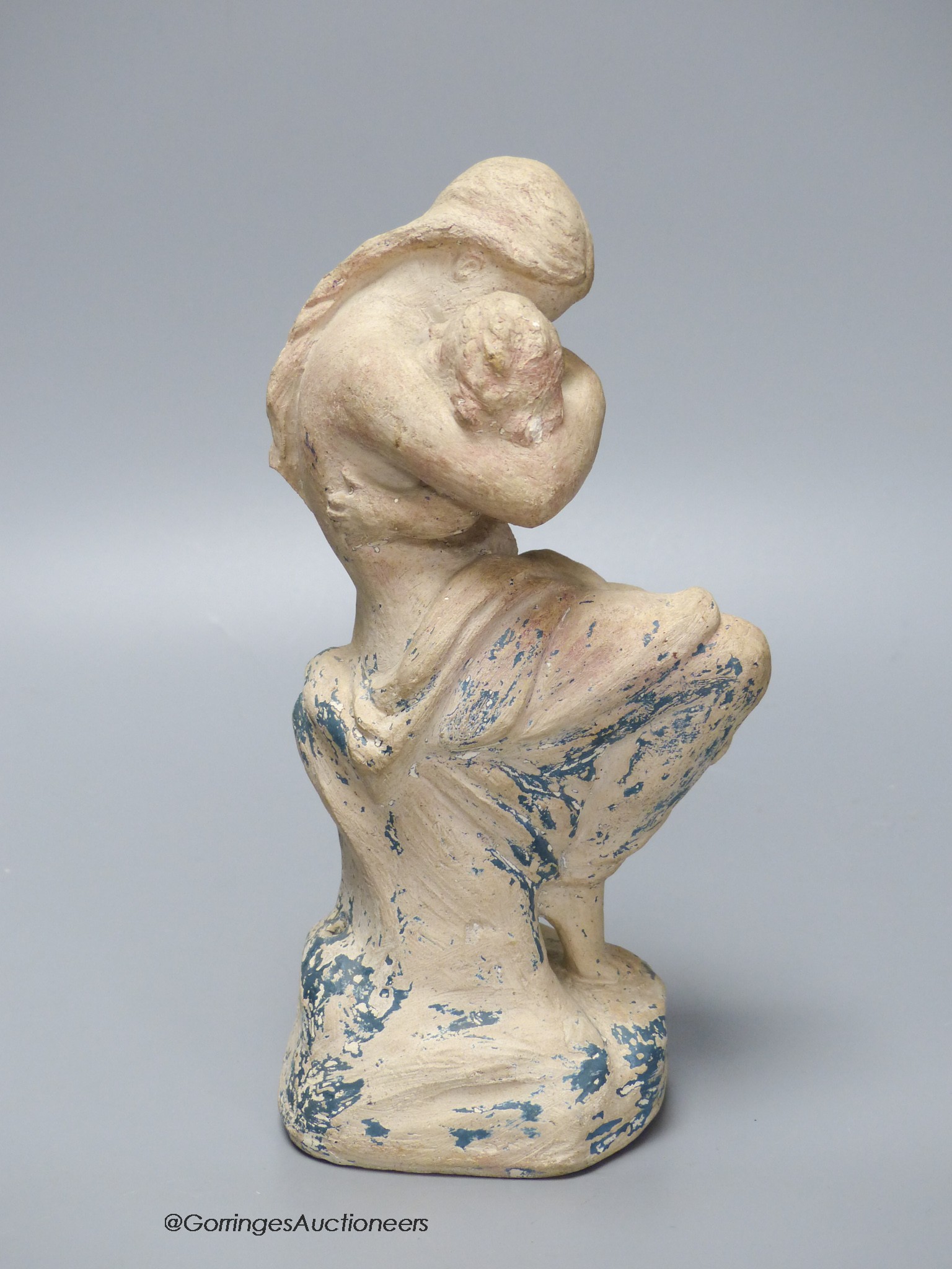 A Julian Bell terracotta figure of mother and child, with traces of original paint, base inscribed ' A Game of Romps, J. Bell ,1987', height 22cm 22cm.